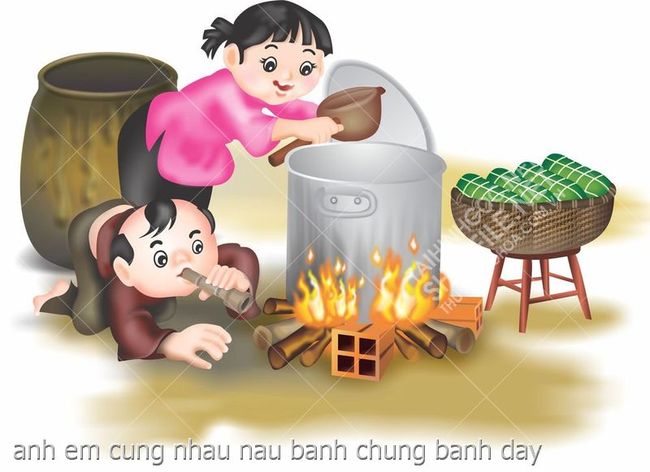 anh em cung nhau nau banh chung banh day